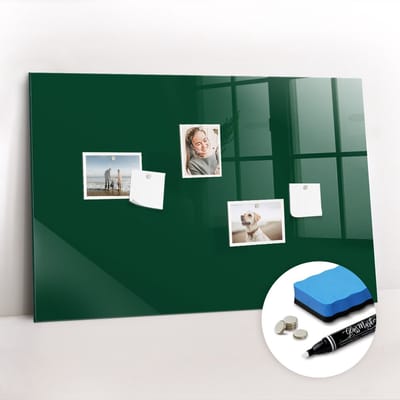 Tulup Whitebord - Kleur Flessengroen Magneetbord - 90 cm x 60 cm - Memobord Glas - Design Memobord - Magnetisch Wandbord - Inspiratiebord Kantoor - Inclusief Gratis Magneten & Marker & Spons - Magneetbord Muur - Magnetic Board
