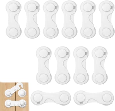 Set van 12 kinderveilige ladevergrendelingen voor deuren, kasten en koelkasten, eenvoudig te installeren zonder boren, wit en stevig.