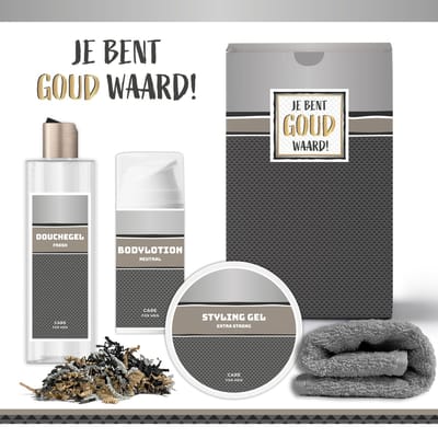 Geschenkset "Je Bent Goud Waard!" - 4 Producten - 600 Gram - Triomf Cosmetica | Giftset voor hem Luxe cadeaubox man Douchegel Bodylotion Styling Gel Vaderdag Verjaardag Wellness Pakket Cadeau set Vader Broer Vriend Collega Antraciet Zilver