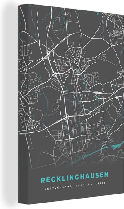 Canvas Schilderij Stadskaart – Plattegrond – Duitsland – Blauw – Recklinghausen – Kaart - 20x30 cm - Wanddecoratie