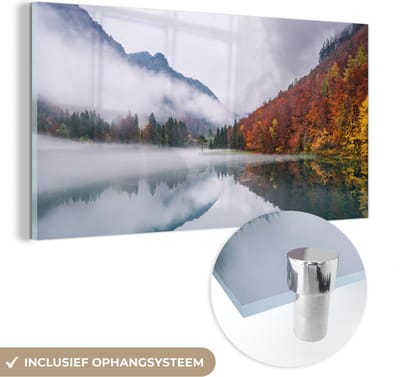 MuchoWow® Glasschilderij 40x20 cm - Schilderij acrylglas - Herfst - Mist - Water - Landschap - Foto op glas - Schilderijen