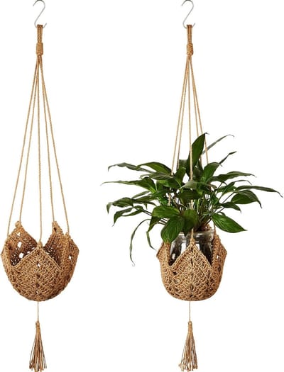 Geweven jute hangplantenset - 2-delige set - Geschikt voor potten met een diameter van 7.5 cm tot 30 cm - Handgeweven hangende plantenbak met S-haken - Ideaal voor huisdecoratie - kamerplanten en feestdecoraties - Natuurlijke bruine afwerking