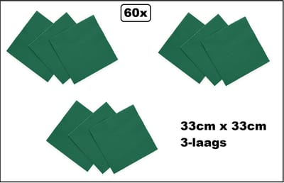 60x Servetten groen 33cm x 33cm - 3 laags - Cocktail servet diner eten knoeien restaurant BBQ thema feest verjaardag feest