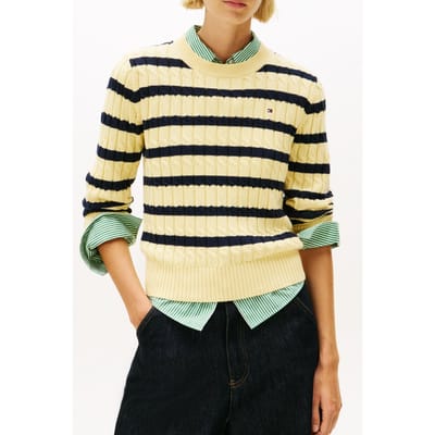 Tommy Hilfiger Cable Knit Crew Neck Jumper Zesty Yellow/dark Navy Size: XS | Sweaters Outlet | Dames | Geel