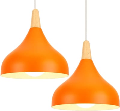 Set van 2 Retro Moderne Hanglampen voor E27 Fitting, Stijlvolle Pendelverlichting voor Slaapkamer, Eetkamer en Keuken, Diameter 20 cm (Oranje)