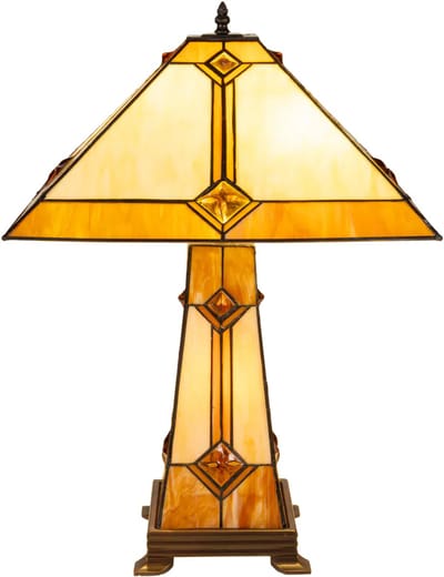 Tiffany tafellamp Art Deco - Crème-amber - B 41 cm - Glas in lood - Warm licht - Verlichte voet - Geometrisch | RORUVERA