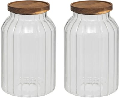 5Five voorraadpot Acacia hout - 2x - glas - 3L - 14 x 23 cm - keuken voorraadpotten - Voedsel/snoep/koekjes
