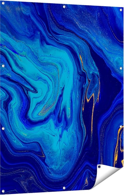 Gards Tuinposter Abstracte Kunst - Blauw met Gouden Verf - 90x120 cm - Tuindoek - Tuindecoratie - Wanddecoratie buiten - Tuinschilderij