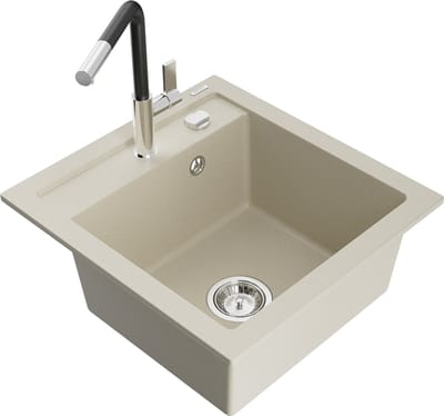 Mexen Vito granieten gootsteen 1-komor met keukenkraan Flora, beige - 6503-69-670401-07