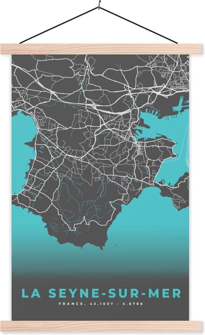 Posterhanger incl. Poster 40x60 cm - Schoolplaat - Plattegrond - La Seyne-sur-mer - Frankrijk - Kaart - Stadskaart - Textielposter - Blanke latten - Stadskaart