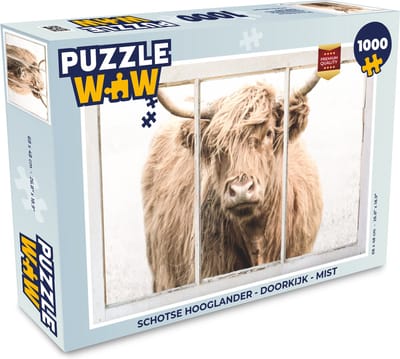 Puzzel Schotse hooglander - Doorkijk - Mist - Legpuzzel - Puzzel 1000 stukjes volwassenen