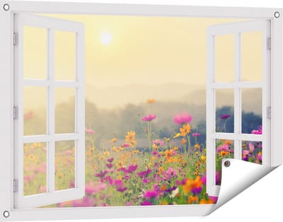 Gards Tuinposter Doorkijk Bloemenveld met Kosmos - Zonsondergang - 90x60 cm - Tuindoek - Tuindecoratie - Wanddecoratie buiten - Tuinschilderij