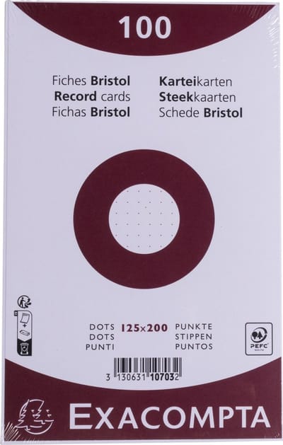Exacompta 12x Pak 100 steekkaarten onder film - bristol karton dots niet geperforeerd - 125x200mm - Wit - 10703E