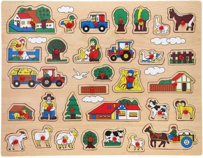 Johntoy Puzzel - boerderij thema - houten knopjes puzzels - 45 x 35 cm - speelgoed