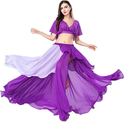 Bellydance top en rok kostuumset voor vrouwen - Chiffon buikdansoutfit met maxi rok en patchwork design voor danspraktijk