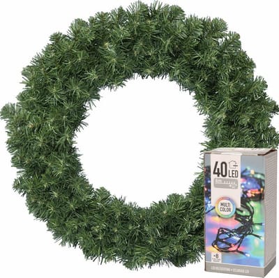 Decoris Kerstkrans - groen - D60 cm - 200 takken - incl. verlichting gekleurd