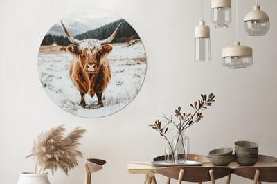 WallCircle - Wandcirkel - Muurcirkel - Schotse Hooglander - Landschap - Sneeuw - Bergen - Winter - Aluminium - Dibond - 140x140 cm - Binnen en Buiten