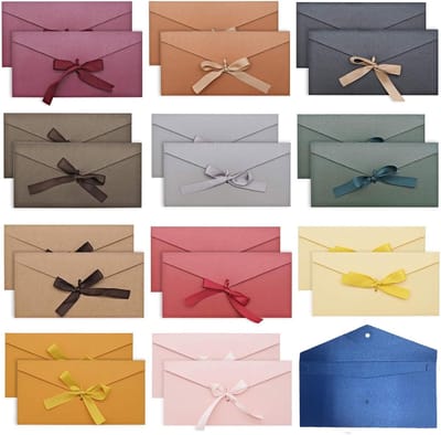 24 stuks gekleurde enveloppen van kraftpapier, blanco vintage enveloppen met lint, geschenkenvelop zonder venster voor uitnodigingskaarten voor bruiloft, verjaardag, 22 x 11 cm