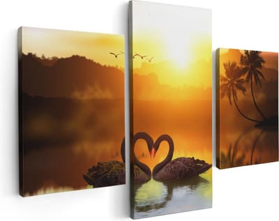 Artaza Canvas Schilderij Drieluik Twee Zwarte Zwanen in een Hart Vorm - 90x60 - Foto Op Canvas - Canvas Print