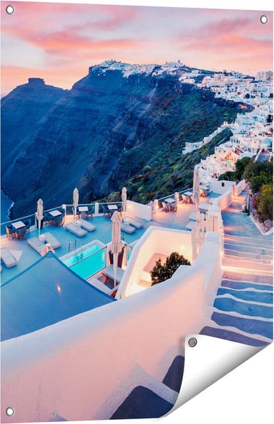 Gards Tuinposter Luxe Huisjes aan de Kust in Fira, Griekenland - 60x80 cm - Tuindoek - Tuindecoratie - Wanddecoratie buiten - Tuinschilderij