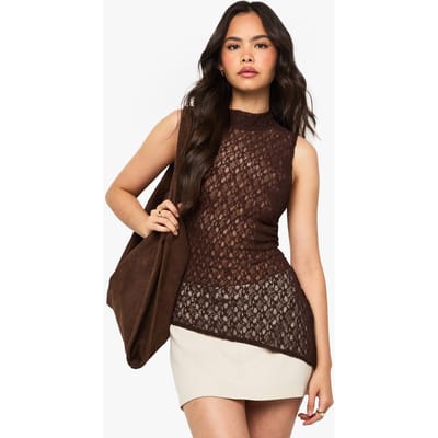 boohoo Dames Top met kant inzet op de hals en asymmetrische zoom | Chocolate | Maat: 12