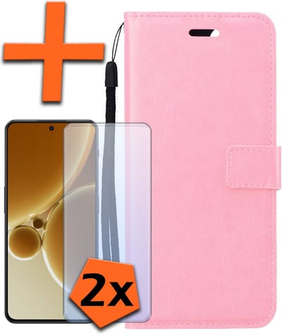 Hoes - Met 2x Screenprotector - Geschikt voor OnePlus Nord 3 - Luxe Pasjeshouder - Bookcase Portemonee - Flip Case - Kunstleer Book Case - Flipcase Hoes - Book Cover - Walletcase - PortemonneeHoes - Lichtroze