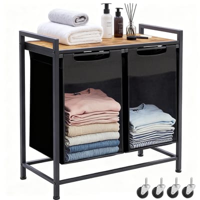Dubbele Wasmand Naast Elkaar 92L – 2 Wasmanden Met Metalen Frame en Opbergplank 73×33×72 cm – Wasgoed Organizer