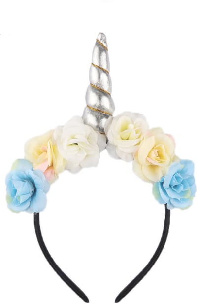KIMU® Bloemen Eenhoorn Haarband Zilver - Unicorn Diadeem Zilveren Hoorn Glitter - Bloemetjes Blauw Geel Wit Festival