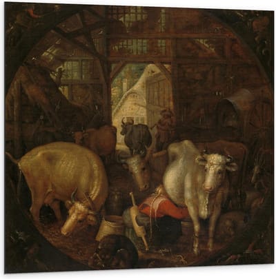Dibond - Oude meesters - Koeien in stal; Heksen in de hoeken, Roelant Savery - 100x100cm Foto op Aluminium (Met Ophangsysteem)