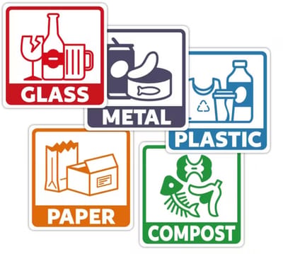 Afval scheiden sticker 10 cm – container sticker – duidelijke afvalbak label – waterbestendig en zelfklevend – voor kliko, prullenbak en container – 5 stuks
