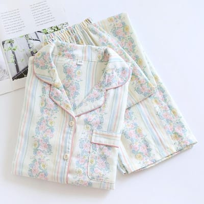 Herfst/Winter Pyjama Set Dames Lange Mouw Broek 100% Katoen Bloemenprint 2-Delige Set Dames Pyjama Zachte Huiskleding M white