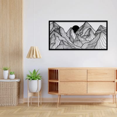 Metalen Wanddecoratie Bergen Landschap – 3D Wandkunst – Zwart – 73 x 146 cm