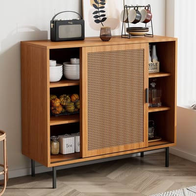 DESMIU Dressoir - Landelijke Opbergkast Met 2 Schuifdeuren En Verstelbare Plank - Voor Woonkamer En Eetkamer - Spaanplaat - 100x37x90 Cm - Walnoot