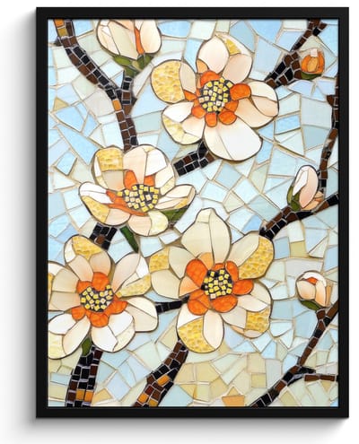 Poster in lijst - Fotolijst 50x70 cm - Posters - Bloesems - Wit - Mozaïek - Tak - Posterlijst zwart - Decoratie - Wanddecoratie woonkamer - Muurdecoratie slaapkamer