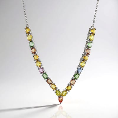 Cavill - Zilveren Halsketting - 925 Sterling Zilver Geplatineerd - Blauwe & Veelkleurige Saffier 5,04 ct - Ovaal - Elegant
