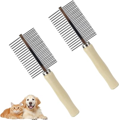 2-in-1 roestvrijstalen kattenkam met comfortabele grip voor vachtverzorging en het verwijderen van traan- en haarvlekken, set van 2 stuks