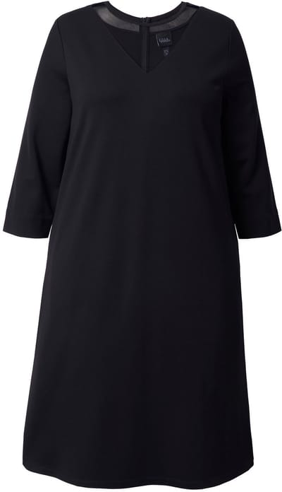 Ulla Popken - Dames - Midi-jurk mesh-inzetstuk ronde hals 3/4-mouwen - Zwart - Maat 54+