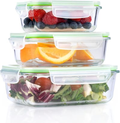 Core® Meal Prep Bakjes Glas - vershoudbakjes glas - mealprep bakjes Glas - 3x1050ml - magnetron met stoomventiel - Transparant - 21cm x 16cm x 13cm