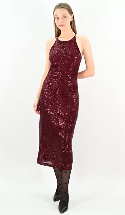 YesMooi - Cocktailjurk met Pailletten - Burgundy - Sequinned Midi Dress - S (36)