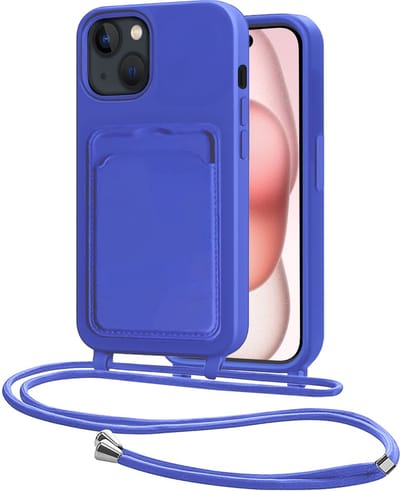 Hoes Geschikt voor iPhone 15 Plus Hoesje Pasjeshouder Cover Met Koord Case Siliconen Hoes Met Telefoonkoord en Kaarthouder - Felblauw