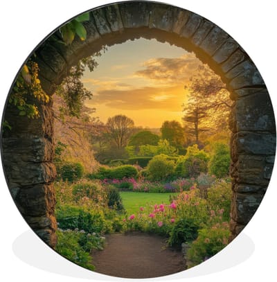 WallCircle - Wandcirkel - Muurcirkel - Poort - Planten - Zonsondergang - Aluminium - Dibond - 30x30 cm - Binnen en Buiten