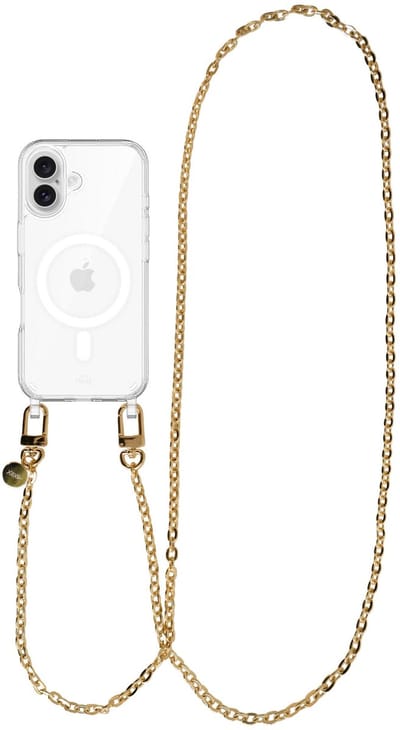 xoxo Wildhearts magnetisch hoesje geschikt voor iPhone 17 MagSafe - Dreamy - Transparant telefoonhoesje met koord - Telefoonkoord - Gouden schakelketting - Lang koord