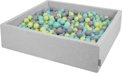 KiddyMoon Ballenbad voor kinderen Vierkant met 200 ballen ∅7cm 120x30cm - Ballenbak voor Baby's - Ballenbak ballen kleurrijke - Met schuimvulling - Ballenbad foam - Voor sensorische - Hellgrau: Lichtgroen Lichtturkoois Grijs