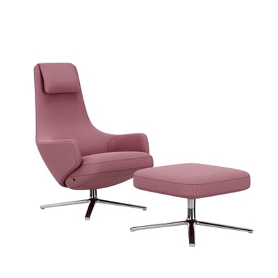 Vitra - Repos Fauteuil & Ottoman - gepolijst aluminium - Cosy2 zachtrose - Zithoogte 40 cm - roze