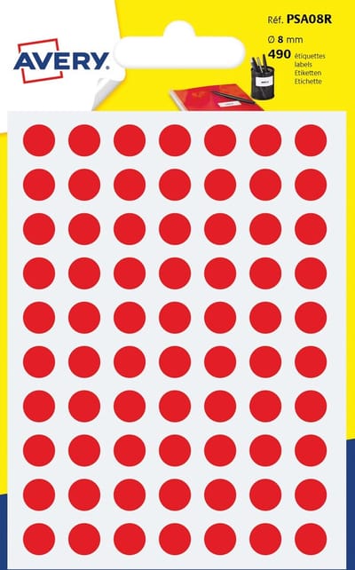 Avery PSA08R ronde markeringsetiketten, diameter 8 mm, blister van 490 stuks, rood 10 stuks