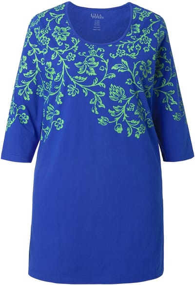 Ulla Popken - Dames - Longshirt print A-lijn ronde hals 3/4-mouwen - Marine - Maat 50+