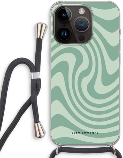 Case Company® - Hoesje met koord geschikt voor iPhone 14 Pro hoesje met Koord - Swirl Groen - Telefoonhoesje met Zwart Koord - Bescherming aan alle Kanten en Over de Schermrand
