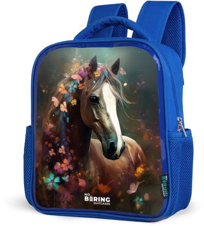 NoBoringSuitcases.com® - Rugzak blauw - Schooltas jongens - Paard - Bruin - Bloemen - Kleurrijk - Kinder rugtas jongen - Boekentas kind - Kinderrugzak voor school - Schoolrugzak