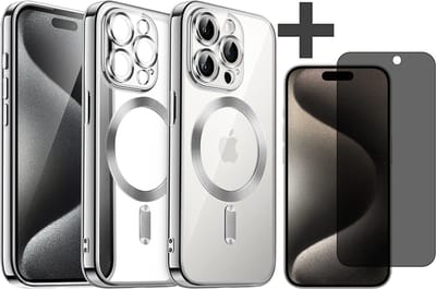 Hoesje met Privacy Screenprotector Geschikt voor iphone 15 Pro Hoesje - Geschikt voor MagSafe - Arara siliconen Backcover - Zilver
