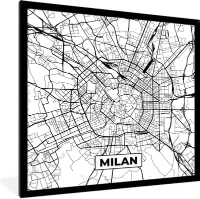 Fotolijst incl. Poster Zwart Wit- Kaart - Milaan - Stadskaart - Zwart Wit - Plattegrond - 40x40 cm - Posterlijst